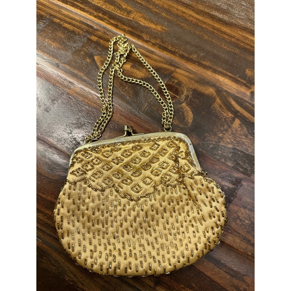 Vintage Beaded Clutch Evening Bag Gold Chain Kiss Lock Evening Handbag 1960's